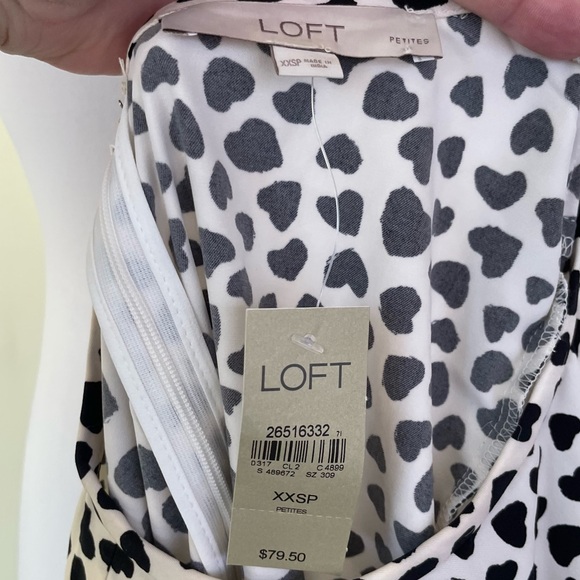 NWT LOFT Heart Print Flounce Dress Long Sleeves XXSP Cream Black - Picture 9 of 10